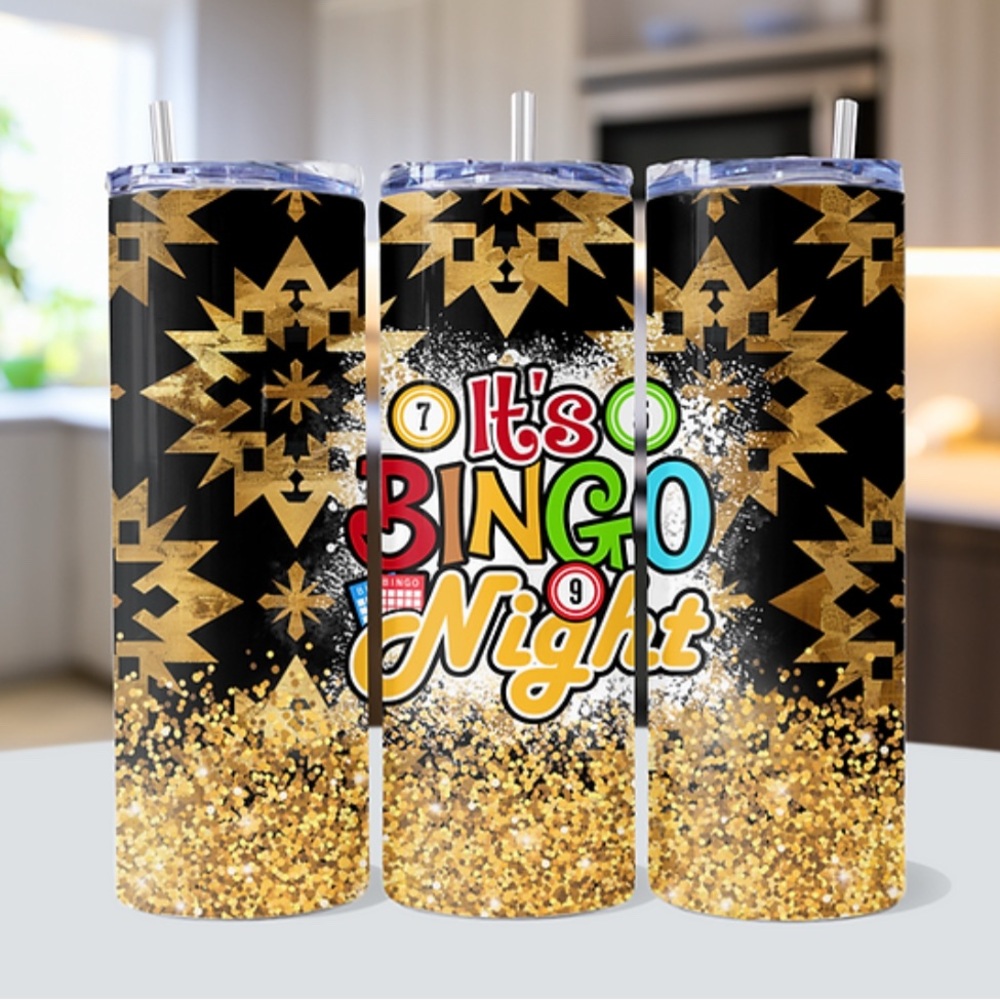 It’s Bingo Night “Aztec” Black Gold Design 20oz Tumbler with Straw